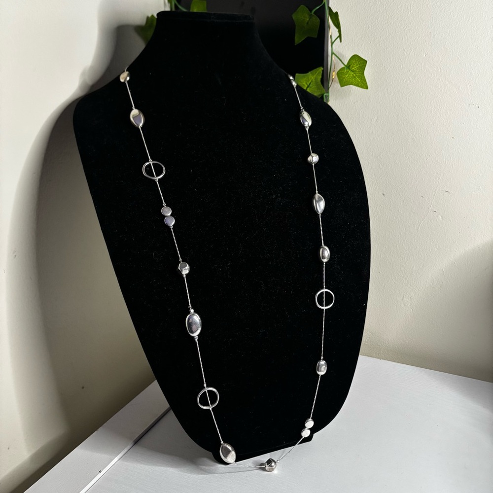 ✨ Long Silver Tone Beaded Necklace w/ Open Circle Accents | Minimalist Boho